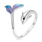 Bague Dauphin en argent 925 plaqué or blanc ajustable émaillé à la main