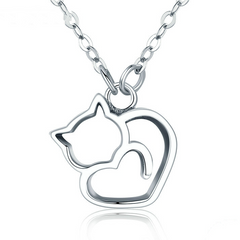 Collier Chat avec Coeur en argent 925 plaqué or blanc