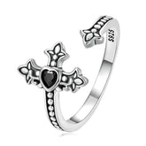 Bague Croix avec Coeur en argent 925 plaqué or blanc ajustable avec zircon noir