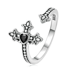 Bague Croix avec Coeur en argent 925 plaqué or blanc ajustable avec zircon noir