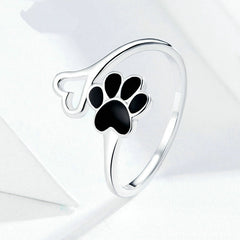 Bague Patte avec Coeur en argent 925 plaqué or blanc ajustable avec patte émaillée noire - Photo 3