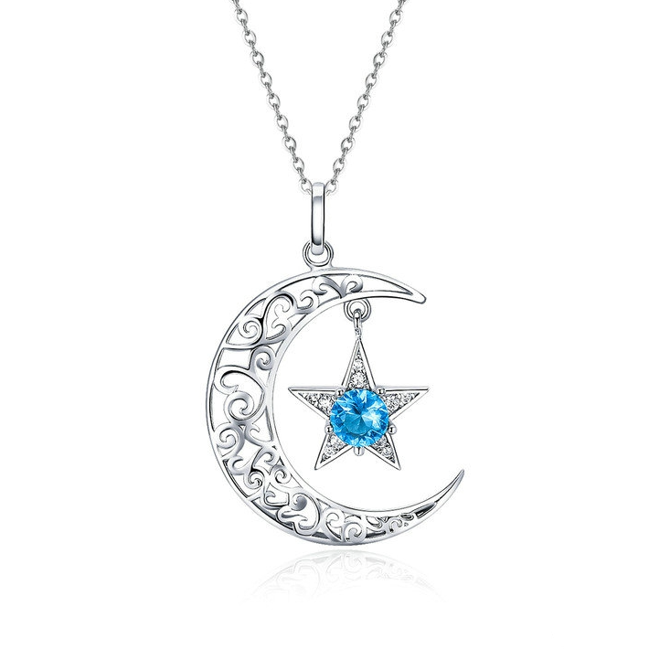 Collier Lune et Étoile Argent Sterling 925 plaqué or blanc avec zircons blancs et bleus
