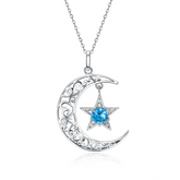 Collier Lune et Étoile Argent Sterling 925 plaqué or blanc avec zircons blancs et bleus