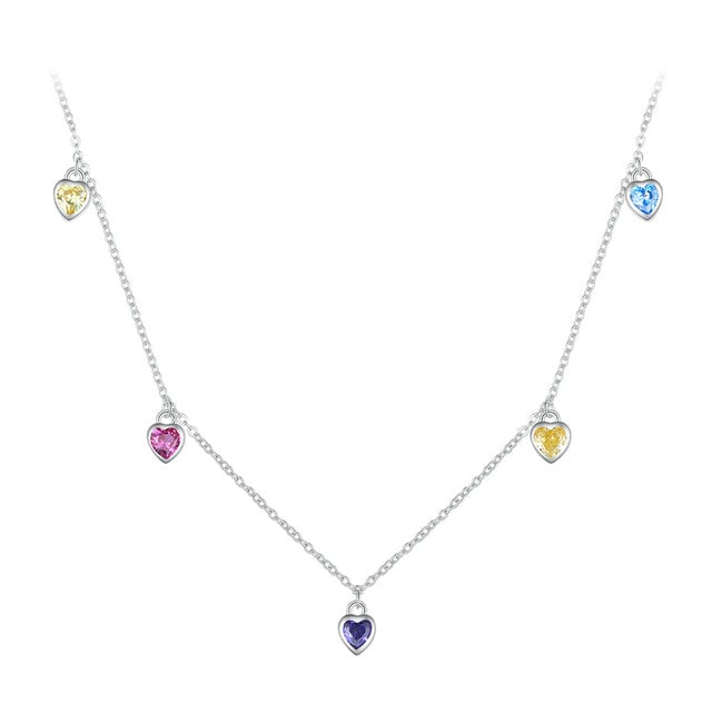 Collier Coeurs Colorés en argent 925 plaqué or blanc ajustable avec zircons colorés