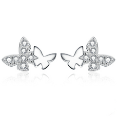 Boucles d’Oreilles Papillons Brillants Puces en Argent Sterling 925 plaqué or blanc avec des zircons blancs