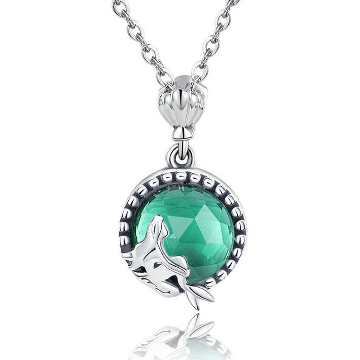 Collier Sirène Argent Sterling 925 plaqué or blanc avec cristal vert d’eau
