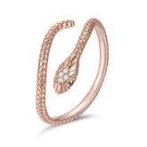 Bague Serpent Cobra Royal en argent 925 plaqué or rose ajustable avec pavé de zircons blancs et verts