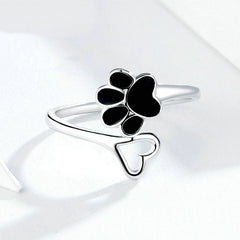 Bague Patte avec Coeur en argent 925 plaqué or blanc ajustable avec patte émaillée noire - Photo 4