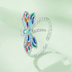 Bague Libellule en argent 925 plaqué or blanc ajustable émaillé à la main avec zircons colorés - Photo 4