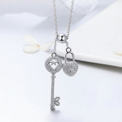 Collier Clé et Cadenas Coeur en argent 925 plaqué or blanc ajustable avec zircon blanc - Photo 3