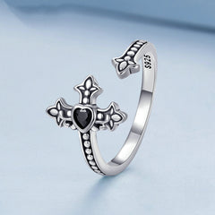 Bague Croix avec Coeur en argent 925 plaqué or blanc ajustable avec zircon noir - Photo 3