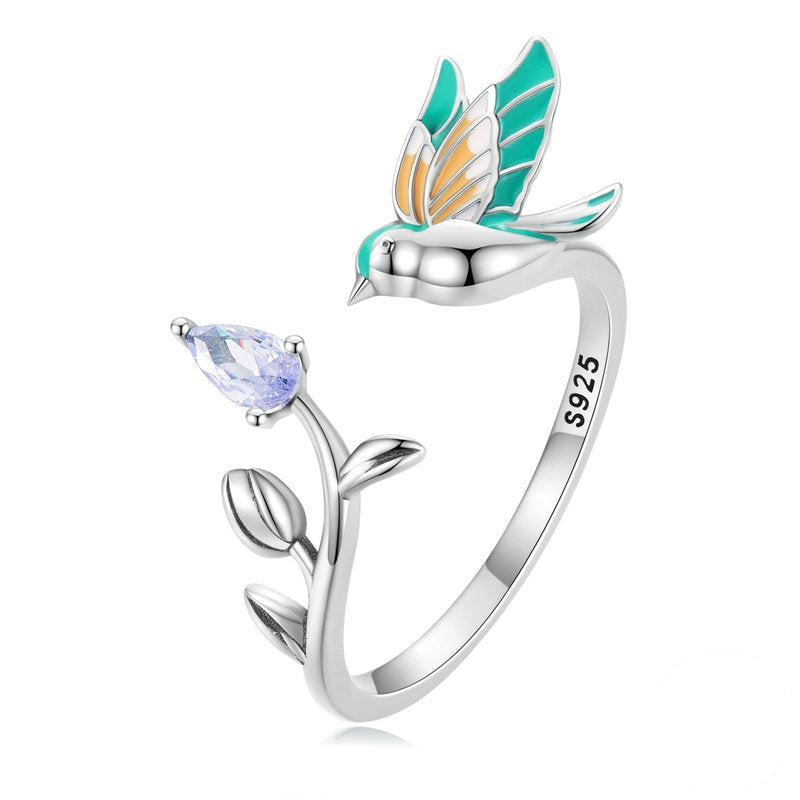 Bague Petit Oiseau en argent 925 plaqué or blanc ajustable émaillé à la main