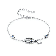 Bracelet Hamsa en argent 925 plaqué or blanc ajustable avec zircons blancs et bleus