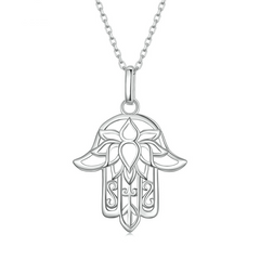 Collier Hamsa Fleur de Lotus en argent 925 plaqué or blanc ajustable