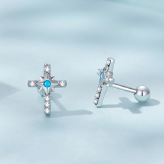 Boucles d’Oreilles Croix Brillantes Puces en Argent Sterling 925 plaqué or blanc avec pavé de zircons - Photo 3