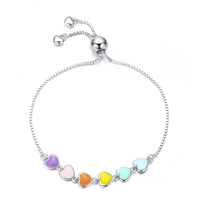 Bracelet Coeurs Colorés en argent 925 plaqué or blanc ajustable avec coeurs émaillés multicolores
