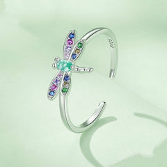 Bague Libellule en argent 925 plaqué or blanc ajustable avec zircons colorés - Photo 3
