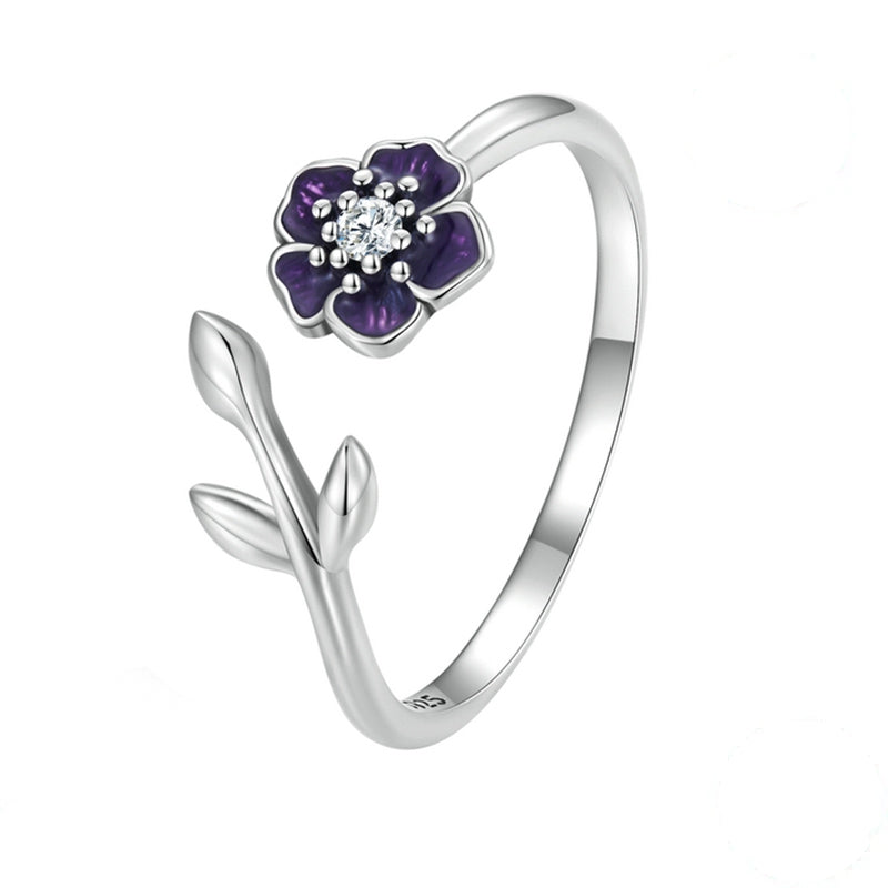 Bague Fleur Violette en argent 925 plaqué or blanc ajustable émaillées violet avec zircon blanc