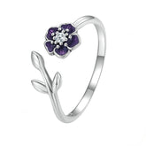 Bague Fleur Violette en argent 925 plaqué or blanc ajustable émaillées violet avec zircon blanc