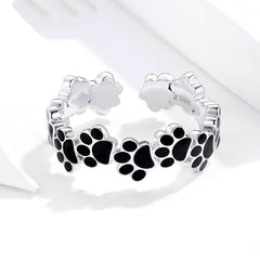 Bague Pattes en argent 925 plaqué or blanc émaillé noir ajustable - Photo 4