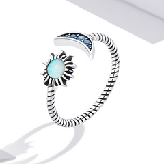 Bague Soleil et Lune en argent 925 plaqué or blanc ajustable avec opale et zircons bleus - Photo 3