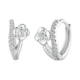 Boucles d’Oreilles Créoles Roses en argent 925 plaqué or blanc avec zircons blancs