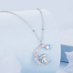 Collier Lune avec Lapin et Étoile Argent Sterling 925 plaqué or blanc avec pavé de zircons blancs et pierre de lune - Photo 4