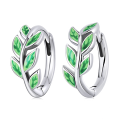 Boucles d’Oreilles Créoles Feuilles en argent 925 plaqué or blanc émaillées vertes