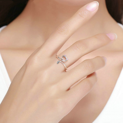 Bague Chat en argent 925 plaqué or blanc ajustable avec oreilles émaillées roses - Photo 2