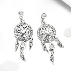 Boucles d’Oreilles Attrape-Rêves avec Arbre de Vie Puces en Argent Sterling 925 plaqué or blanc avec zircons blancs - Photo 3