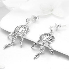 Boucles d’Oreilles Attrape-Rêves avec Arbre de Vie Puces en Argent Sterling 925 plaqué or blanc avec zircons blancs - Photo 4
