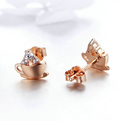 Boucles d’Oreilles Tasse de Café Puces en Argent Sterling 925 plaqué or rose avec zircons blancs - Photo 4