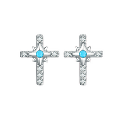 Boucles d’Oreilles Croix Brillantes Puces en Argent Sterling 925 plaqué or blanc avec pavé de zircons