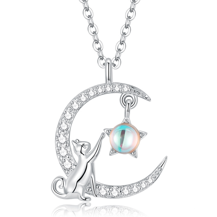 Collier Lune avec Chat et Étoile Argent Sterling 925 plaqué or blanc avec pavé de zircons blancs et pierre de lune