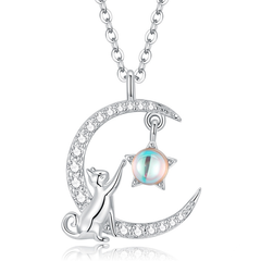 Collier Lune avec Chat et Étoile Argent Sterling 925 plaqué or blanc avec pavé de zircons blancs et pierre de lune