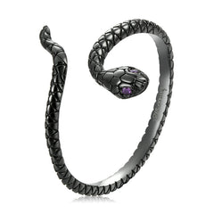 Bague Serpent Noir en argent 925 plaqué or noir ajustable avec zircons violet