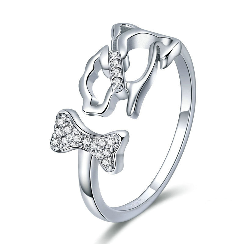 Bague Chien en argent 925 plaqué or blanc ajustable avec zircons blancs