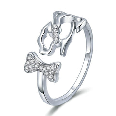 Bague Chien en argent 925 plaqué or blanc ajustable avec zircons blancs