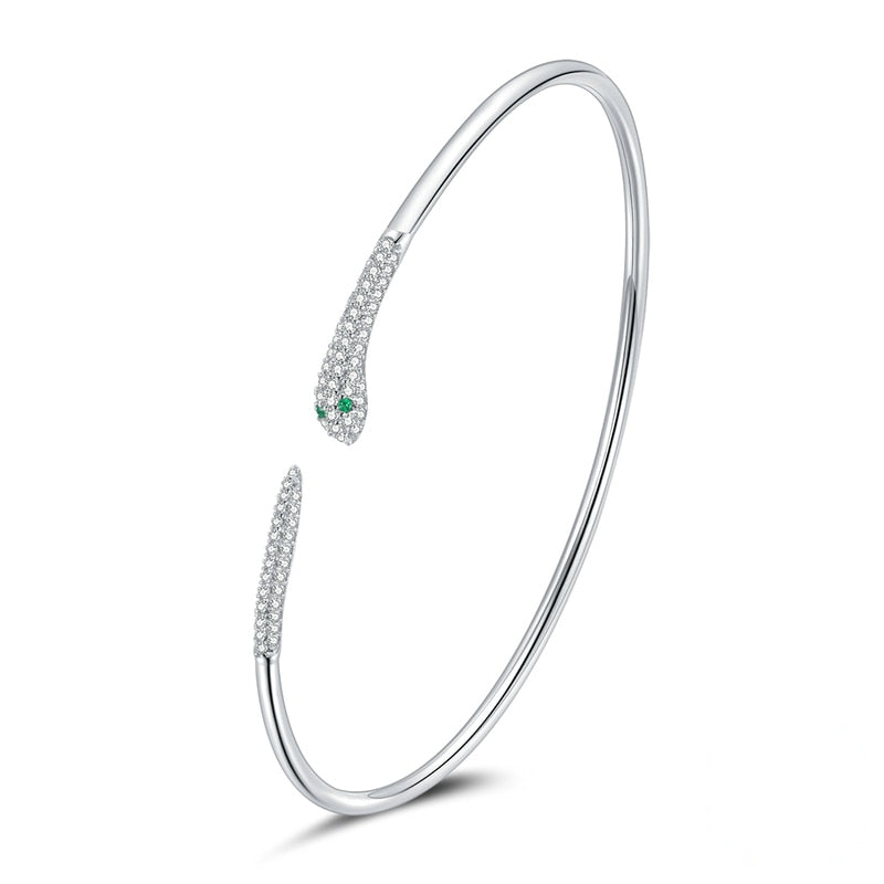 Bracelet Serpent en argent 925 plaqué or blanc jonc rigide avec zircons blancs et verts