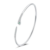 Bracelet Serpent en argent 925 plaqué or blanc jonc rigide avec zircons blancs et verts