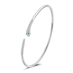 Bracelet Serpent en argent 925 plaqué or blanc jonc rigide avec zircons blancs et verts