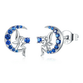 Boucles d’Oreilles Fée sur la Lune Puces en Argent Sterling 925 plaqué or blanc avec zircons bleus