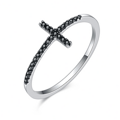 Bague Croix en argent 925 plaqué or blanc avec zircons noirs
