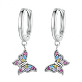 Boucles d’Oreilles Créoles Papillons Pendants Argent sterling 925 plaqué or blanc avec pavé de zircons colorés