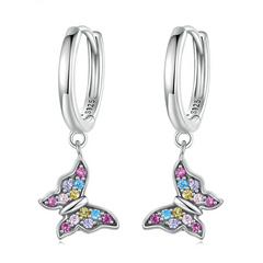 Boucles d’Oreilles Créoles Papillons Pendants Argent sterling 925 plaqué or blanc avec pavé de zircons colorés