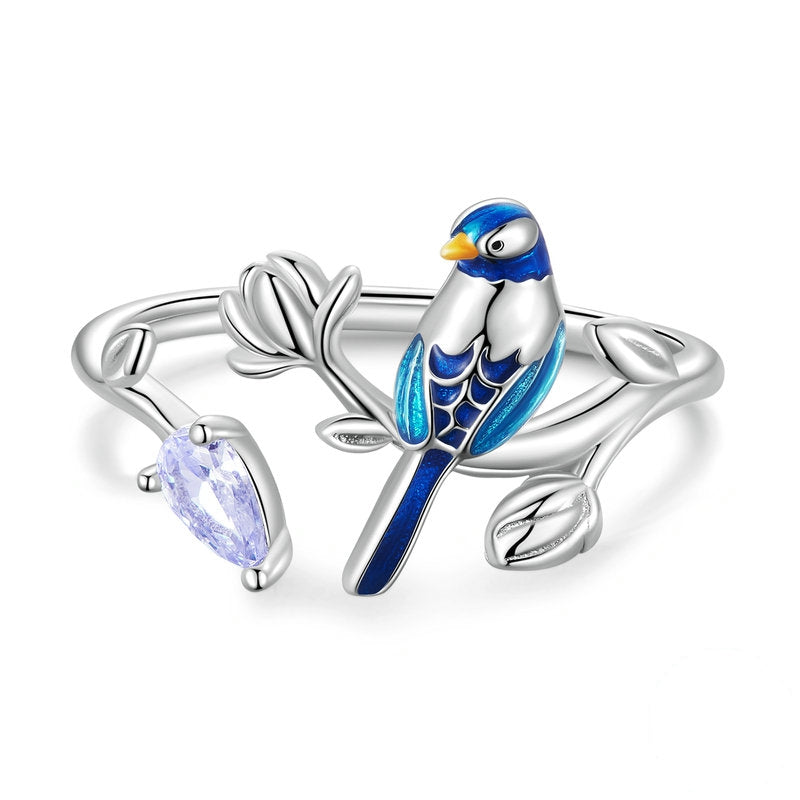 Bague Petit Oiseau en argent 925 plaqué or blanc ajustable émaillé à la main