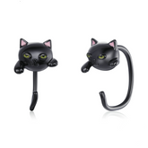 Boucles d’Oreilles Chat Noir Argent Sterling 925 plaqué noir avec des détails émaillés
