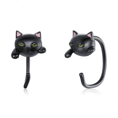Boucles d’Oreilles Chat Noir Argent Sterling 925 plaqué noir avec des détails émaillés