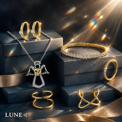 Coffret Bijoux "Élégance Totale" : Collier Ange, Bracelet Tennis, Bague Éternité et Set de Boucles d'Oreilles.