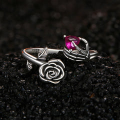 Bague Main Squelette et Rose en Argent 925